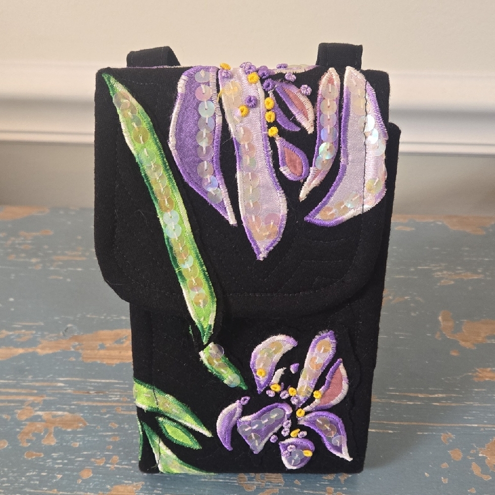 Black Shoulder Bag with Floral Sequin Design